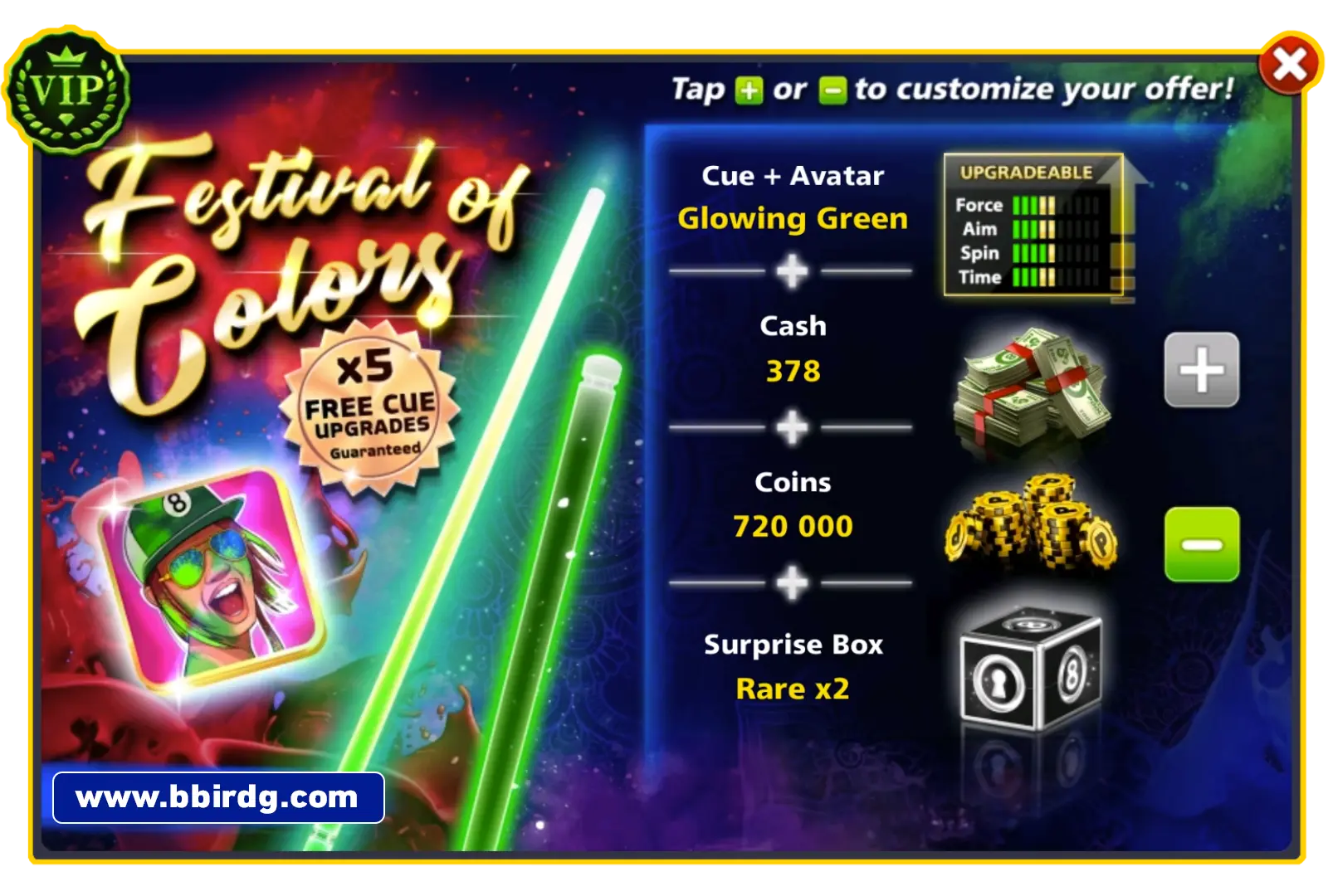 Glowing Green Cue - Festival Of Colors | 8 Ball Pool
