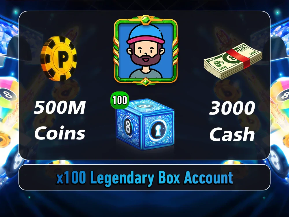 x100 Legendary Box, 500 Million Coins, 3000 Cash | Miniclip Account | 8 Ball Pool