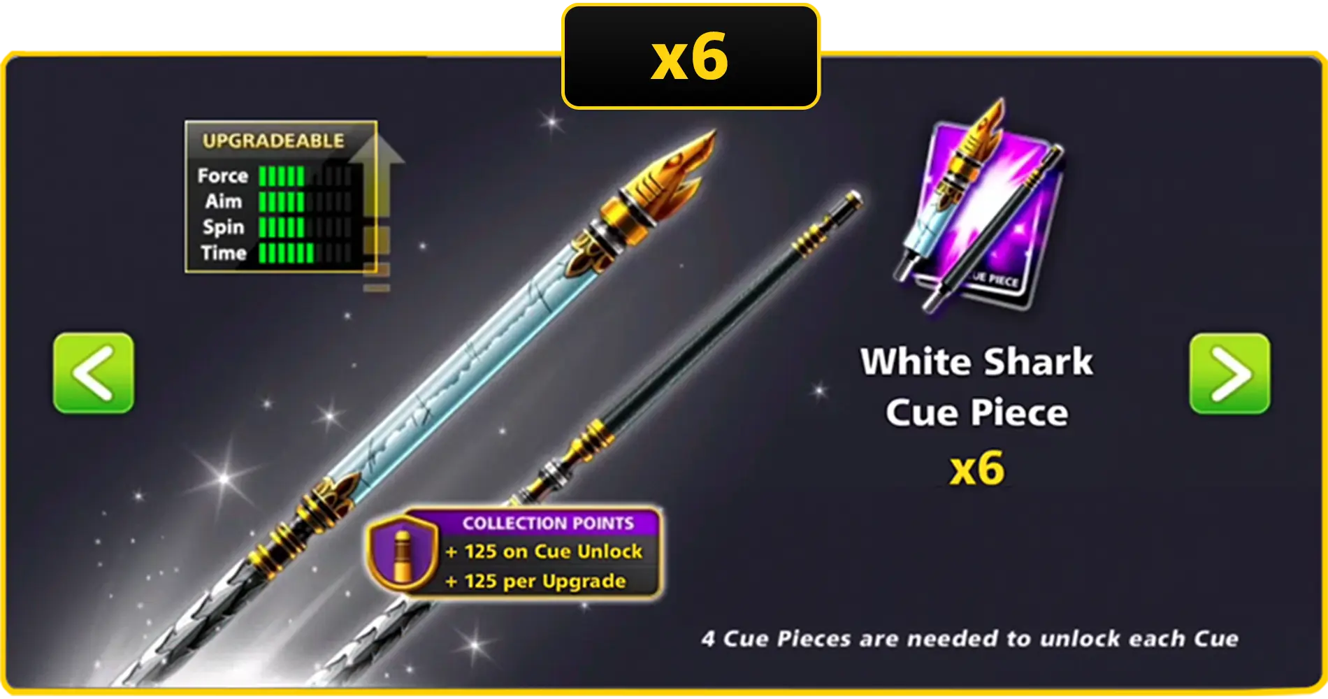 x6 White Shark Cue Pieces | 8 Ball Pool